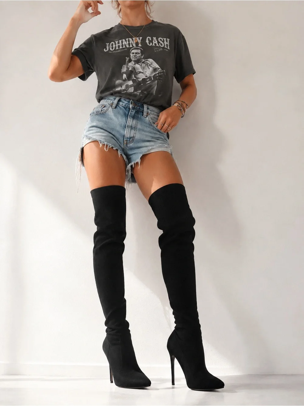 Black Thigh High Over the Knee Boots Stiletto Pointed Toe Heeled Sock Boots